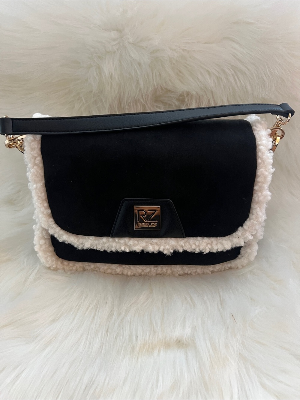 Rachel Zoe Black Shoulder Bag with Cream Shearling Trim
